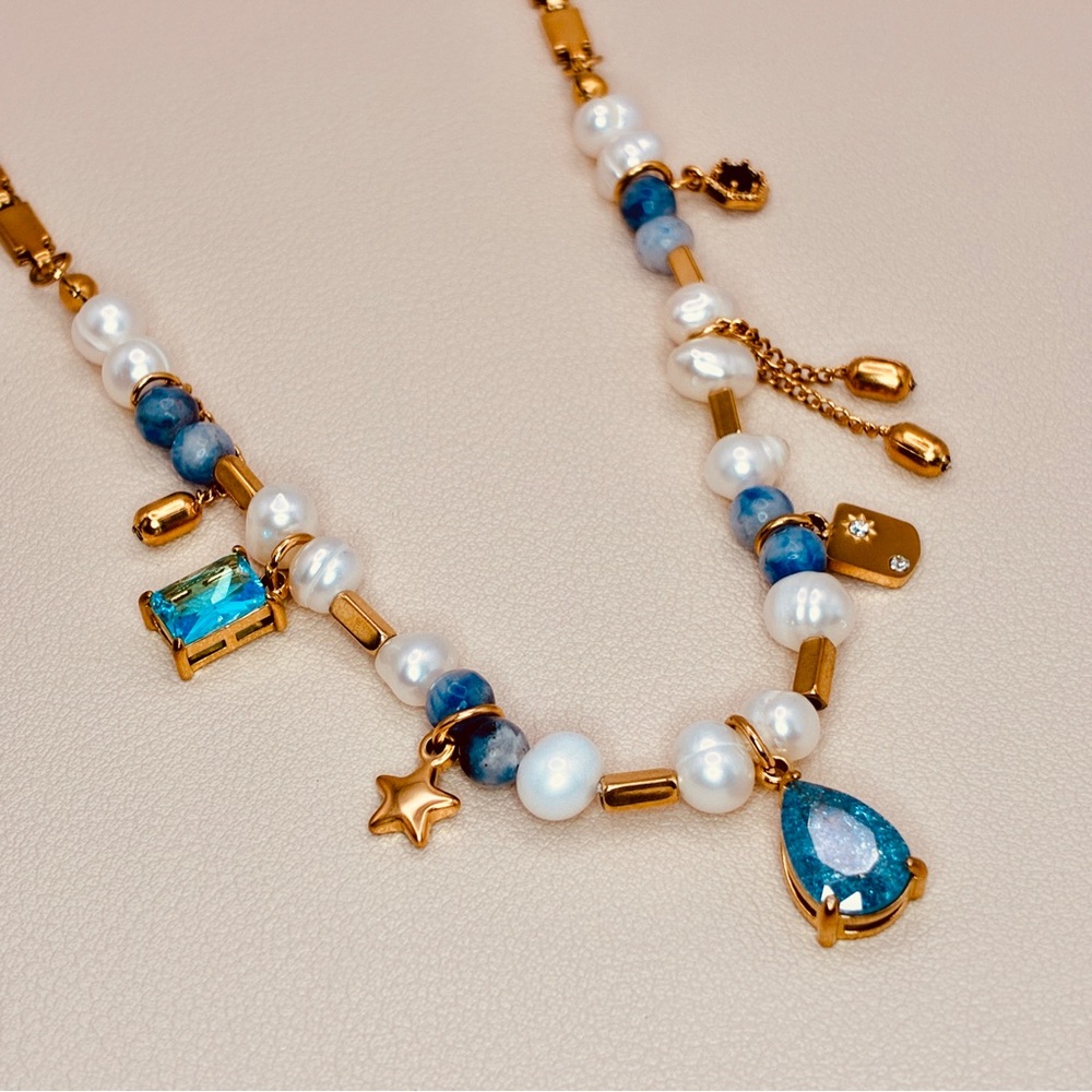 Natural Freshwater Pearls- Gemstones- Crystal Accents Gold Necklace